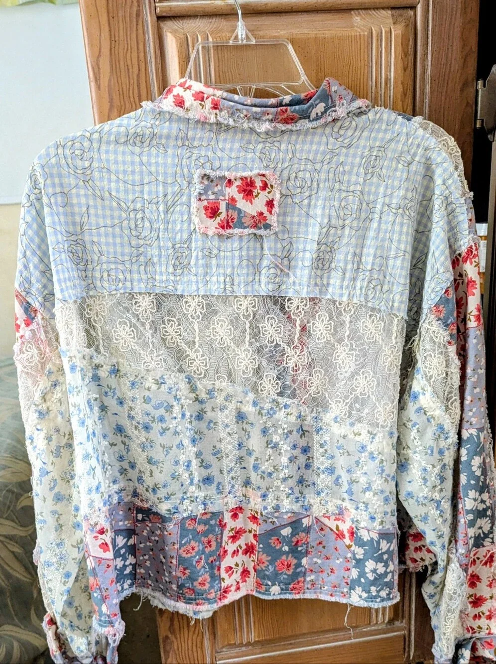 POL Patchwork Floral Button-Down Shirt in Blue, White, Red - Picture 2 of 3